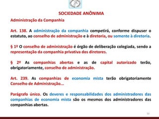SOCIEDADE ANÔNIMA
Administração da Companhia

Art. 138. A administração da companhia competirá, conforme dispuser o
estatuto, ao conselho de administração e à diretoria, ou somente à diretoria.

§ 1º O conselho de administração é órgão de deliberação colegiada, sendo a
representação da companhia privativa dos diretores.

§ 2º As companhias abertas e as de capital autorizado terão,
obrigatoriamente, conselho de administração.

Art. 239. As companhias de economia mista terão obrigatoriamente
Conselho de Administração...

Parágrafo único. Os deveres e responsabilidades dos administradores das
companhias de economia mista são os mesmos dos administradores das
companhias abertas.
                                                                          50
 
