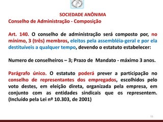 SOCIEDADE ANÔNIMA
Conselho de Administração - Composição

Art. 140. O conselho de administração será composto por, no
mínimo, 3 (três) membros, eleitos pela assembléia-geral e por ela
destituíveis a qualquer tempo, devendo o estatuto estabelecer:

Numero de conselheiros – 3; Prazo de Mandato - máximo 3 anos.

Parágrafo único. O estatuto poderá prever a participação no
conselho de representantes dos empregados, escolhidos pelo
voto destes, em eleição direta, organizada pela empresa, em
conjunto com as entidades sindicais que os representem.
(Incluído pela Lei nº 10.303, de 2001)


                                                              51
 