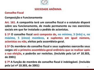 SOCIEDADE ANÔNIMA
Conselho Fiscal
Composição e Funcionamento
Art. 161. A companhia terá um conselho fiscal e o estatuto disporá
sobre seu funcionamento, de modo permanente ou nos exercícios
sociais em que for instalado a pedido de acionistas.
§ 1º O conselho fiscal será composto de, no mínimo, 3 (três) e, no
máximo, 5 (cinco) membros, e suplentes em igual número,
acionistas ou não, eleitos pela assembleia-geral.
§ 5º Os membros do conselho fiscal e seus suplentes exercerão seus
cargos até a primeira assembleia-geral ordinária que se realizar após
a sua eleição, e poderão ser reeleitos. (Incluído pela Lei nº 10.303,
de 2001)
§ 7º A função de membro do conselho fiscal é indelegável. (Incluído
pela Lei nº 10.303, de 2001)                                     58
 