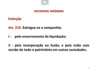 SOCIEDADE ANÔNIMA

Extinção

Art. 219. Extingue-se a companhia:

I - pelo encerramento da liquidação;

II - pela incorporação ou fusão, e pela cisão com
versão de todo o patrimônio em outras sociedades.



                                                69
 