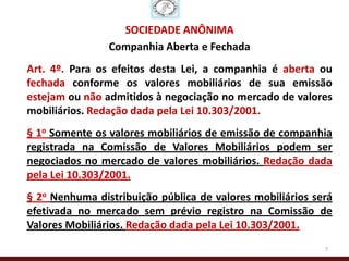 SOCIEDADE ANÔNIMA
                Companhia Aberta e Fechada
Art. 4º. Para os efeitos desta Lei, a companhia é aberta ou
fechada conforme os valores mobiliários de sua emissão
estejam ou não admitidos à negociação no mercado de valores
mobiliários. Redação dada pela Lei 10.303/2001.
§ 1o Somente os valores mobiliários de emissão de companhia
registrada na Comissão de Valores Mobiliários podem ser
negociados no mercado de valores mobiliários. Redação dada
pela Lei 10.303/2001.
§ 2o Nenhuma distribuição pública de valores mobiliários será
efetivada no mercado sem prévio registro na Comissão de
Valores Mobiliários. Redação dada pela Lei 10.303/2001.
                                                           7
 