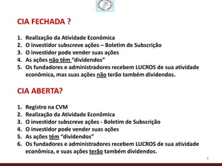 CIA FECHADA ?
1.   Realização da Atividade Econômica
2.   O investidor subscreve ações – Boletim de Subscrição
3.   O investidor pode vender suas ações
4.   As ações não têm “dividendos”
5.   Os fundadores e administradores recebem LUCROS de sua atividade
     econômica, mas suas ações não terão também dividendos.

CIA ABERTA?
1.   Registro na CVM
2.   Realização da Atividade Econômica
3.   O investidor subscreve ações - Boletim de Subscrição
4.   O investidor pode vender suas ações
5.   As ações têm “dividendos”
6.   Os fundadores e administradores recebem LUCROS de sua atividade
     econômica, e suas ações terão também dividendos.
                                                                       8
 
