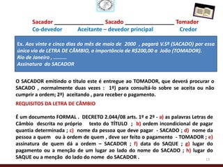 Sacador ________________ Sacado ________________ Tomador
      Co-devedor      Aceitante – devedor principal     Credor

Ex. Aos vinte e cinco dias do mês de maio de 2000 , pagará V.Sª (SACADO) por essa
única via de LETRA DE CÂMBIO, a importância de R$200,00 a João (TOMADOR).
Rio de Janeiro , .........
Assinatura do SACADOR


O SACADOR emitindo o título este é entregue ao TOMADOR, que deverá procurar o
SACADO , normalmente duas vezes : 1º) para consultá-lo sobre se aceita ou não
cumprir a ordem; 2ª) aceitando , para receber o pagamento.
REQUISITOS DA LETRA DE CÂMBIO

É um documento FORMAL . DECRETO 2.044/08 arts. 1º e 2º - a) as palavras Letras de
Câmbio descrita no próprio texto do TÍTULO ; b) ordem incondicional de pagar
quantia determinada ; c) nome da pessoa que deve pagar - SACADO ; d) nome da
pessoa a quem ou à ordem de quem , deve ser feito o pagamento - TOMADOR ; e)
assinatura de quem dá a ordem – SACADOR ; f) data do SAQUE ; g) lugar do
pagamento ou a menção de um lugar ao lado do nome do SACADO ; h) lugar do
SAQUE ou a menção do lado do nome do SACADOR .                                13
 