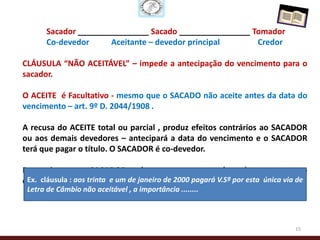 Sacador ________________ Sacado ________________ Tomador
       Co-devedor      Aceitante – devedor principal     Credor

CLÁUSULA “NÃO ACEITÁVEL” – impede a antecipação do vencimento para o
sacador.

O ACEITE é Facultativo - mesmo que o SACADO não aceite antes da data do
vencimento – art. 9º D. 2044/1908 .

A recusa do ACEITE total ou parcial , produz efeitos contrários ao SACADOR
ou aos demais devedores – antecipará a data do vencimento e o SACADOR
terá que pagar o título. O SACADOR é co-devedor.

Para evitar que o SACADOR tenha que pagar antes, ele pode apor no corpo
do título cláusula trinta ACEITÁVEL - Art. 22 L.U.
 Ex. cláusula : aos NÃO e um de janeiro de 2000 pagará V.Sª por esta única via de
 Letra de Câmbio não aceitável , a importância ........



                                                                             15
 