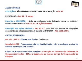 AÇÕES CAMBIAIS
EXECUÇÃO – NÃO PRECISA PROTESTO PARA AJUIZAR AÇÃO – Art. 47

PRESCRIÇÃO – Art. 59 - 6 meses

Prescrita a EXECUÇÃO - Ação de enriquecimento indevido contra o emitente,
endossantes e avalistas – art. 61 L.C.- É AÇÃO CAMBIAL.

Prescrição das ações cambiais - art. 62 L.C. para fins de discutir as obrigações
decorrentes da relação originária. É a AÇÃO MONITÓRIA - Art. 1102-A CPC.

CHEQUE SEM FUNDOS
Art. 171 , § 2º VI - Cheque sem fundo – Estelionato

Súmula 246 STF : “comprovado não ter havido fraude , não se configura o crime de
emissão de cheques sem fundos”.

Caberá ao Banco Central duas sanções: a inscrição no Cadastro de Emitentes de
Cheques sem Fundos – CCF; e o pagamento da taxa de serviço de Compensação de
Cheques.
                                                                             22
 