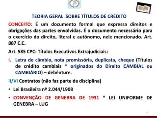 TEORIA GERAL SOBRE TÍTULOS DE CRÉDITO
CONCEITO: É um documento formal que expressa direitos e
obrigações das partes envolvidas. É o documento necessário para
o exercício do direito, literal e autônomo, nele mencionado. Art.
887 C.C.
Art. 585 CPC: Títulos Executivos Extrajudiciais:
I. Letra de câmbio, nota promissória, duplicata, cheque (Títulos
   de crédito cambiais * originados do Direito CAMBIAL ou
   CAMBIÁRIO) – debênture.
II/VI Contratos (não faz parte da disciplina)
• Lei Brasileira nº 2.044/1908
• CONVENÇÃO DE GENEBRA DE 1931 * LEI UNIFORME DE
  GENEBRA – LUG
                                                              3
 