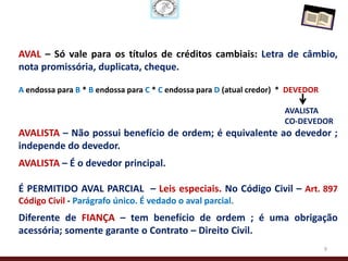 AVAL – Só vale para os títulos de créditos cambiais: Letra de câmbio,
nota promissória, duplicata, cheque.

A endossa para B * B endossa para C * C endossa para D (atual credor) * DEVEDOR

                                                                      AVALISTA
                                                                      CO-DEVEDOR
AVALISTA – Não possui benefício de ordem; é equivalente ao devedor ;
independe do devedor.
AVALISTA – É o devedor principal.

É PERMITIDO AVAL PARCIAL – Leis especiais. No Código Civil – Art. 897
Código Civil - Parágrafo único. É vedado o aval parcial.
Diferente de FIANÇA – tem benefício de ordem ; é uma obrigação
acessória; somente garante o Contrato – Direito Civil.
                                                                                  9
 