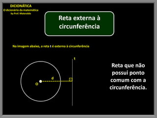 DICIONÁTICA
O dicionário da matemática
     by Prof. Materaldo

                                     Reta externa à
                                     circunferência

      Na imagem abaixo, a reta t é externa à circunferência


                                                t
                                                               Reta que não
                                                               possui ponto
                                d           ⊡                 comum com a
                          O
                                                              circunferência.
 