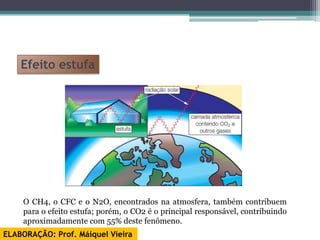 Efeito estufa




    O CH4, o CFC e o N2O, encontrados na atmosfera, também contribuem
    para o efeito estufa; porém, o CO2 é o principal responsável, contribuindo
    aproximadamente com 55% deste fenômeno.
ELABORAÇÃO: Prof. Máiquel Vieira
 