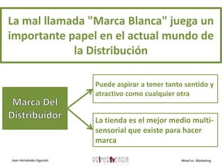La mal llamada "Marca Blanca" juega un importante papel en el actual mundo de la DistribuciónPuede aspirar a tener tanto sentido y atractivo como cualquier otraMarca Del DistribuidorLa tienda es el mejor medio multi-sensorial que existe para hacer marca  