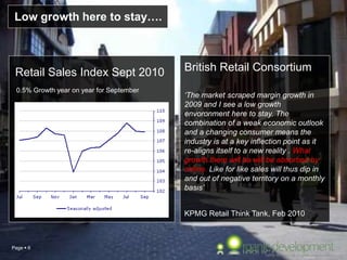 Page  6
Retail Sales Index Sept 2010
0.5% Growth year on year for September
British Retail Consortium
‘The market scraped margin growth in
2009 and I see a low growth
envoronment here to stay. The
combination of a weak economic outlook
and a changing consumer means the
industry is at a key inflection point as it
re-aligns itself to a new reality . What
growth there will be will be absorbed by
online. Like for like sales will thus dip in
and out of negative territory on a monthly
basis’
KPMG Retail Think Tank, Feb 2010
Low growth here to stay….
 