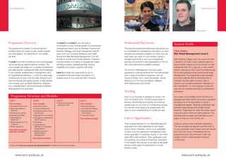 Retail Management                                                                                                                                                                                                Retail Management




                                                                                                                                                                                                            Chris Gallon




Programme Overview                                           At Level 2 and Level 3, you will study a                   Professional Placements                                   Student Profile
                                                             combination of core modules based on fundamental
The programme consists of core and elective                  management topics such as Business Finance and             The optional professional placement year allows you
modules which you study to earn credits towards              Business Strategy, and retail management-specific          to consolidate the management education you have          Chris Gallon
your final degree. You will study for 120 credits            topics such as Consumer Behaviour, and Retail              acquired and provides a platform on which you can         BSc Retail Management Level 2
per level.                                                   Buying and Merchandising Management. You will              build when you return to your studies. It gives a
                                                             be able to choose from a wide selection of elective        valuable opportunity to put your management               After finishing college I was very unsure of what
At Level 1 all of the modules are core and languages         modules based on a variety of management topics            learning into practice in real organisations in the UK,   I wanted to do next. I took a deferred place to
can be studied as optional elective modules. The             including business, entrepreneurship, finance,             with some placements available overseas.                  study another subject at Surrey and got on with
core modules will enable you to develop fundamental          hospitality and tourism, together with retail.                                                                       making the best of my gap year. A few months
and retail-specific management skills and knowledge.                                                                    The School of Management has many years’                  before I was due to start I was thumbing through
A core module, fundamental to management, such               Level 3 provides the opportunity for you to                experience in placing students and has partnerships       the Surrey prospectus and came across Retail
as Organisational Behaviour 1, looks at a wide range         undertake a final-year project consisting of a             with a range of excellent companies, such as              Management. The programme really appealed
of behaviours at work, how we make decisions and             detailed study in your particular field of interest.       House of Fraser, John Lewis Partnership, Harvey           to me as it seemed like an interesting mix of
how we interpret and assess people. A retail-specific                                                                   Nichols & Co, Fortnum and Mason, Majestic                 modules, and the option to take a year in
core module, such as Retail Operations, facilitates                                                                     Wine Warehouses and Dunhill.                              industry was a massive attraction. Needless to
your understanding of the fundamentals of effective                                                                                                                               say I transferred. I’m now enjoying my second
retail operations at store level.                                                                                                                                                 year and am currently planning my professional
                                                                                                                        Teaching                                                  placement.

  Programme Structure and Modules                                                                                       Each of our modules is designed to involve 100            The quality of the facilities which the School of
                                                                                                                        hours of student work. This time will be spent in         Management offers reinforces Surrey’s reputation
 Level 1                       Level 2                       Level P                        Level 3
                                                             • Optional professional                                    lectures, laboratories and tutorials, and includes        as being one of the best places to study a
 Core modules:                 Core modules:                                                Core modules:
                                                               placement year                                           private study on your own or in small study groups.       management degree. Teaching is effectively split
 • Business Environment        • Business Finance                                           • Business Strategy
 • Business Research           • Consumer Behaviour                                         • International Retailing
                                                                                                                        You will also write essays and assignments that           between large lectures and smaller tutorial
   Methods                     • Entrepreneurship Theory                                    • Retail Strategy and       draw on your understanding of a particular area.          sessions. These allow for wider discussion about
 • Financial Accounting          and Practice                                                 Retail Space                                                                        topics and give a chance to ask questions. The
 • Management Skills           • Management Accounting                                      • Final-year Project                                                                  teaching staff are easily approachable and are
 • Organisational
   Behaviour 1
                               • Managing and Marketing
                                 Retail Locations
                                                                                            Plus elective modules       Career Opportunities                                      happy to help as much as they can.
 • Retail Industry and the     • Marketing
   Consumer                    • Organisational                                                                         There is great demand for our Retail Management           Living on campus was a fantastic experience.
 • Retail Operations             Behaviour 2: Managing                                                                  graduates from retail organisations and related           The surroundings are beautiful and the Union is
                                 Organisations                                                                          service sector industries. Some of our graduates          on your doorstep! I have made many new friends
 Plus optional elective
 language modules              • Retail Buying and                                                                      choose to go into operational management roles,           from both my Courts of Residence and my
                                 Merchandising
                                 Management                                                                             others specialise in marketing, buying, IT and other      programme and I still continue to meet new
                               Plus elective modules
                                                                                                                        head-office retail positions. Other graduates move        people. I know I made the right choice by
                                                                                                                        into banking, accounting and teaching. Graduates          coming here.
                                                                                                                        of this degree have proven to be highly employable
 Please visit www.som.surrey.ac.uk/ugmodulematrix for details of the elective modules.                                  across a wide range of organisations, not just
                                                                                                                        limited to retail.


         www.som.surrey.ac.uk                                                                                                                                                              www.som.surrey.ac.uk
 