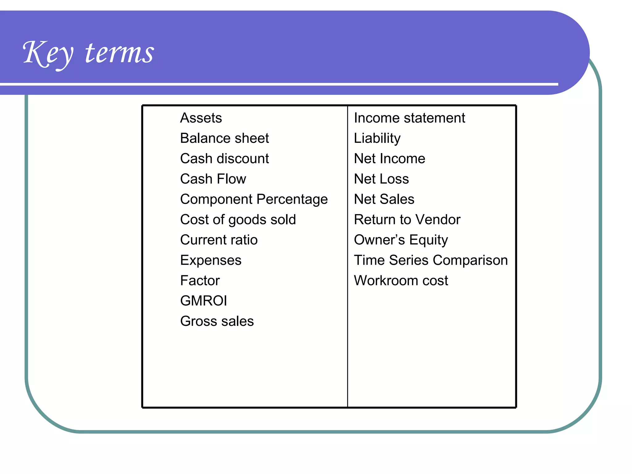 Key   terms Assets Balance sheet Cash discount Cash Flow Component Percentage Cost of goods sold Current ratio Expenses Factor GMROI Gross sales Income statement Liability  Net Income Net Loss Net Sales Return to Vendor  Owner’s Equity Time Series Comparison Workroom cost 