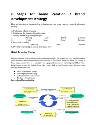 8 Steps for brand creation / brand
development strategy
Here are some simple steps to follow in formulating your brand creation / brand development
strategy.
1. Understand what is branding
2. Understand the process of brand creation
3. Identify and know your target buyers
4. Develop your brand position
5. Create Your Brand Promise
6. Emotional branding
7. Develop your website
8. Develop your brand personality (traits) and story
Retail Branding Theory
Industry giants use retail branding to make product sales outpace the competition. They spend fortunes to
create distinctive brand images that persuade consumers to choose their brand over others. But creating a
brand image does not have to be a complex and high-priced venture, says marketing expert Maria Ross.
Entrepreneurs on any size budget should take a closer look at retail branding theory because it can
multiply their bottom lines.
 Retail Brands Drive Profits
 Branding Requires Strategy
 Differentiation Is Indispensable
 The Goal Is Brand Equity
Perception of Service Quality
 