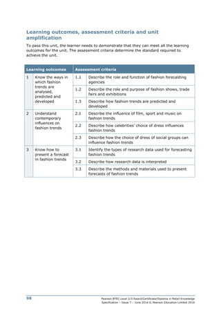 Pearson BTEC Level 2/3 Award/Certificate/Diploma in Retail Knowledge
Specification – Issue 7 – June 2016 © Pearson Education Limited 2016
98
Learning outcomes, assessment criteria and unit
amplification
To pass this unit, the learner needs to demonstrate that they can meet all the learning
outcomes for the unit. The assessment criteria determine the standard required to
achieve the unit.
Learning outcomes Assessment criteria
1 Know the ways in
which fashion
trends are
analysed,
predicted and
developed
1.1 Describe the role and function of fashion forecasting
agencies
1.2 Describe the role and purpose of fashion shows, trade
fairs and exhibitions
1.3 Describe how fashion trends are predicted and
developed
2 Understand
contemporary
influences on
fashion trends
2.1 Describe the influence of film, sport and music on
fashion trends
2.2 Describe how celebrities’ choice of dress influences
fashion trends
2.3 Describe how the choice of dress of social groups can
influence fashion trends
3 Know how to
present a forecast
in fashion trends
3.1 Identify the types of research data used for forecasting
fashion trends
3.2 Describe how research data is interpreted
3.3 Describe the methods and materials used to present
forecasts of fashion trends
 