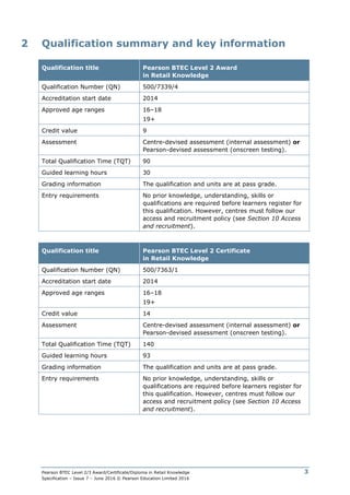 Pearson BTEC Level 2/3 Award/Certificate/Diploma in Retail Knowledge
Specification – Issue 7 – June 2016 © Pearson Education Limited 2016
3
2 Qualification summary and key information
Qualification title Pearson BTEC Level 2 Award
in Retail Knowledge
Qualification Number (QN) 500/7339/4
Accreditation start date 2014
Approved age ranges 16–18
19+
Credit value 9
Assessment Centre-devised assessment (internal assessment) or
Pearson-devised assessment (onscreen testing).
Total Qualification Time (TQT) 90
Guided learning hours 30
Grading information The qualification and units are at pass grade.
Entry requirements No prior knowledge, understanding, skills or
qualifications are required before learners register for
this qualification. However, centres must follow our
access and recruitment policy (see Section 10 Access
and recruitment).
Qualification title Pearson BTEC Level 2 Certificate
in Retail Knowledge
Qualification Number (QN) 500/7363/1
Accreditation start date 2014
Approved age ranges 16–18
19+
Credit value 14
Assessment Centre-devised assessment (internal assessment) or
Pearson-devised assessment (onscreen testing).
Total Qualification Time (TQT) 140
Guided learning hours 93
Grading information The qualification and units are at pass grade.
Entry requirements No prior knowledge, understanding, skills or
qualifications are required before learners register for
this qualification. However, centres must follow our
access and recruitment policy (see Section 10 Access
and recruitment).
 