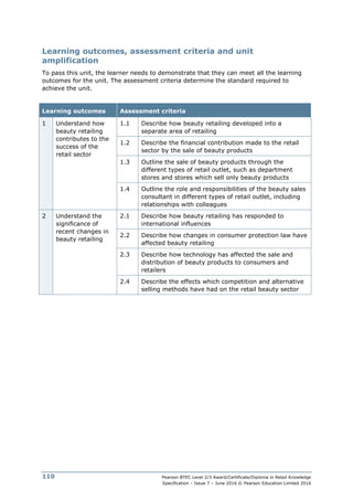 Pearson BTEC Level 2/3 Award/Certificate/Diploma in Retail Knowledge
Specification – Issue 7 – June 2016 © Pearson Education Limited 2016
110
Learning outcomes, assessment criteria and unit
amplification
To pass this unit, the learner needs to demonstrate that they can meet all the learning
outcomes for the unit. The assessment criteria determine the standard required to
achieve the unit.
Learning outcomes Assessment criteria
1 Understand how
beauty retailing
contributes to the
success of the
retail sector
1.1 Describe how beauty retailing developed into a
separate area of retailing
1.2 Describe the financial contribution made to the retail
sector by the sale of beauty products
1.3 Outline the sale of beauty products through the
different types of retail outlet, such as department
stores and stores which sell only beauty products
1.4 Outline the role and responsibilities of the beauty sales
consultant in different types of retail outlet, including
relationships with colleagues
2 Understand the
significance of
recent changes in
beauty retailing
2.1 Describe how beauty retailing has responded to
international influences
2.2 Describe how changes in consumer protection law have
affected beauty retailing
2.3 Describe how technology has affected the sale and
distribution of beauty products to consumers and
retailers
2.4 Describe the effects which competition and alternative
selling methods have had on the retail beauty sector
 