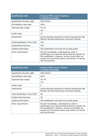 Pearson BTEC Level 2/3 Award/Certificate/Diploma in Retail Knowledge
Specification – Issue 7 – June 2016 © Pearson Education Limited 2016
4
Qualification title Pearson BTEC Level 2 Diploma
in Retail Knowledge
Qualification Number (QN) 500/7362/X
Accreditation start date 2014
Approved age ranges 16–18
19+
Credit value 37
Assessment Centre-devised assessment (internal assessment) or
Pearson-devised assessment (onscreen testing).
Total Qualification Time (TQT) 370
Guided learning hours 270
Grading information The qualification and units are at pass grade.
Entry requirements No prior knowledge, understanding, skills or
qualifications are required before learners register for
this qualification. However, centres must follow our
access and recruitment policy (see Section 10 Access
and recruitment).
Qualification title Pearson BTEC Level 3 Award
in Retail Knowledge
Qualification Number (QN) 500/7316/3
Accreditation start date 2014
Approved age ranges 16–18
19+
Credit value 5
Assessment Centre-devised assessment (internal assessment) or
Pearson-devised assessment (onscreen testing).
Total Qualification Time (TQT) 50
Guided learning hours 30
Grading information The qualification and units are at pass grade.
Entry requirements No prior knowledge, understanding, skills or
qualifications are required before learners register for
this qualification. However, centres must follow our
access and recruitment policy (see Section 10 Access
and recruitment).
 