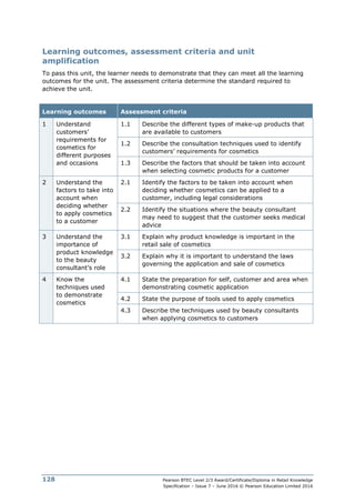 Pearson BTEC Level 2/3 Award/Certificate/Diploma in Retail Knowledge
Specification – Issue 7 – June 2016 © Pearson Education Limited 2016
128
Learning outcomes, assessment criteria and unit
amplification
To pass this unit, the learner needs to demonstrate that they can meet all the learning
outcomes for the unit. The assessment criteria determine the standard required to
achieve the unit.
Learning outcomes Assessment criteria
1 Understand
customers’
requirements for
cosmetics for
different purposes
and occasions
1.1 Describe the different types of make-up products that
are available to customers
1.2 Describe the consultation techniques used to identify
customers’ requirements for cosmetics
1.3 Describe the factors that should be taken into account
when selecting cosmetic products for a customer
2 Understand the
factors to take into
account when
deciding whether
to apply cosmetics
to a customer
2.1 Identify the factors to be taken into account when
deciding whether cosmetics can be applied to a
customer, including legal considerations
2.2 Identify the situations where the beauty consultant
may need to suggest that the customer seeks medical
advice
3 Understand the
importance of
product knowledge
to the beauty
consultant’s role
3.1 Explain why product knowledge is important in the
retail sale of cosmetics
3.2 Explain why it is important to understand the laws
governing the application and sale of cosmetics
4 Know the
techniques used
to demonstrate
cosmetics
4.1 State the preparation for self, customer and area when
demonstrating cosmetic application
4.2 State the purpose of tools used to apply cosmetics
4.3 Describe the techniques used by beauty consultants
when applying cosmetics to customers
 