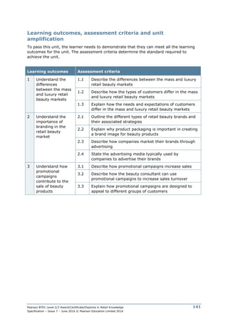 Pearson BTEC Level 2/3 Award/Certificate/Diploma in Retail Knowledge
Specification – Issue 7 – June 2016 © Pearson Education Limited 2016
141
Learning outcomes, assessment criteria and unit
amplification
To pass this unit, the learner needs to demonstrate that they can meet all the learning
outcomes for the unit. The assessment criteria determine the standard required to
achieve the unit.
Learning outcomes Assessment criteria
1 Understand the
differences
between the mass
and luxury retail
beauty markets
1.1 Describe the differences between the mass and luxury
retail beauty markets
1.2 Describe how the types of customers differ in the mass
and luxury retail beauty markets
1.3 Explain how the needs and expectations of customers
differ in the mass and luxury retail beauty markets
2 Understand the
importance of
branding in the
retail beauty
market
2.1 Outline the different types of retail beauty brands and
their associated strategies
2.2 Explain why product packaging is important in creating
a brand image for beauty products
2.3 Describe how companies market their brands through
advertising
2.4 State the advertising media typically used by
companies to advertise their brands
3 Understand how
promotional
campaigns
contribute to the
sale of beauty
products
3.1 Describe how promotional campaigns increase sales
3.2 Describe how the beauty consultant can use
promotional campaigns to increase sales turnover
3.3 Explain how promotional campaigns are designed to
appeal to different groups of customers
 