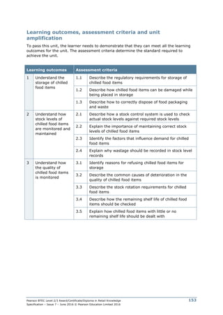 Pearson BTEC Level 2/3 Award/Certificate/Diploma in Retail Knowledge
Specification – Issue 7 – June 2016 © Pearson Education Limited 2016
153
Learning outcomes, assessment criteria and unit
amplification
To pass this unit, the learner needs to demonstrate that they can meet all the learning
outcomes for the unit. The assessment criteria determine the standard required to
achieve the unit.
Learning outcomes Assessment criteria
1 Understand the
storage of chilled
food items
1.1 Describe the regulatory requirements for storage of
chilled food items
1.2 Describe how chilled food items can be damaged while
being placed in storage
1.3 Describe how to correctly dispose of food packaging
and waste
2 Understand how
stock levels of
chilled food items
are monitored and
maintained
2.1 Describe how a stock control system is used to check
actual stock levels against required stock levels
2.2 Explain the importance of maintaining correct stock
levels of chilled food items
2.3 Identify the factors that influence demand for chilled
food items
2.4 Explain why wastage should be recorded in stock level
records
3 Understand how
the quality of
chilled food items
is monitored
3.1 Identify reasons for refusing chilled food items for
storage
3.2 Describe the common causes of deterioration in the
quality of chilled food items
3.3 Describe the stock rotation requirements for chilled
food items
3.4 Describe how the remaining shelf life of chilled food
items should be checked
3.5 Explain how chilled food items with little or no
remaining shelf life should be dealt with
 