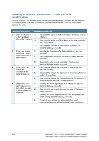 Pearson BTEC Level 2/3 Award/Certificate/Diploma in Retail Knowledge
Specification – Issue 7 – June 2016 © Pearson Education Limited 2016
158
Learning outcomes, assessment criteria and unit
amplification
To pass this unit, the learner needs to demonstrate that they can meet all the learning
outcomes for the unit. The assessment criteria determine the standard required to
achieve the unit.
Learning outcomes Assessment criteria
1 Know the National
Lottery products
offered by retailers
1.1 Describe the types of National Lottery products sold by
retailers
1.2 Describe the features of the National Lottery products
sold by retailers
1.3 Describe the sources of information available on
National Lottery products
2 Know how to use
a National Lottery
service terminal in
a retail store
2.1 Identify the functions of a National Lottery service
terminal
2.2 Describe how to maintain a National Lottery service
terminal
2.3 Describe how to record and report faults with a
National Lottery service terminal
3 Understand the
role of the
operator of the
National Lottery
3.1 Describe the role of the operator in promoting the
National Lottery
3.2 Describe the role of the operator in processing National
Lottery transactions
3.3 Describe the role of the National Lottery Commission in
monitoring the National Lottery operator
4 Understand the
legal requirements
that affect the sale
of National Lottery
products
4.1 Identify the main legislation that affects the sale of
National Lottery products
4.2 Describe the age restrictions on the sale of National
Lottery products
4.3 Identify the types of proof of age that are acceptable
when selling National Lottery products
4.4 Explain the penalties for failing to follow legal
requirements when selling National Lottery products
 