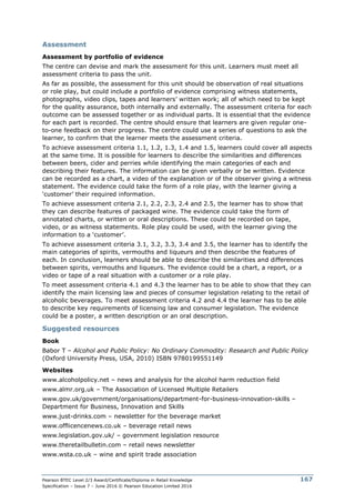Pearson BTEC Level 2/3 Award/Certificate/Diploma in Retail Knowledge
Specification – Issue 7 – June 2016 © Pearson Education Limited 2016
167
Assessment
Assessment by portfolio of evidence
The centre can devise and mark the assessment for this unit. Learners must meet all
assessment criteria to pass the unit.
As far as possible, the assessment for this unit should be observation of real situations
or role play, but could include a portfolio of evidence comprising witness statements,
photographs, video clips, tapes and learners’ written work; all of which need to be kept
for the quality assurance, both internally and externally. The assessment criteria for each
outcome can be assessed together or as individual parts. It is essential that the evidence
for each part is recorded. The centre should ensure that learners are given regular one-
to-one feedback on their progress. The centre could use a series of questions to ask the
learner, to confirm that the learner meets the assessment criteria.
To achieve assessment criteria 1.1, 1.2, 1.3, 1.4 and 1.5, learners could cover all aspects
at the same time. It is possible for learners to describe the similarities and differences
between beers, cider and perries while identifying the main categories of each and
describing their features. The information can be given verbally or be written. Evidence
can be recorded as a chart, a video of the explanation or of the observer giving a witness
statement. The evidence could take the form of a role play, with the learner giving a
‘customer’ their required information.
To achieve assessment criteria 2.1, 2.2, 2.3, 2.4 and 2.5, the learner has to show that
they can describe features of packaged wine. The evidence could take the form of
annotated charts, or written or oral descriptions. These could be recorded on tape,
video, or as witness statements. Role play could be used, with the learner giving the
information to a ‘customer’.
To achieve assessment criteria 3.1, 3.2, 3.3, 3.4 and 3.5, the learner has to identify the
main categories of spirits, vermouths and liqueurs and then describe the features of
each. In conclusion, learners should be able to describe the similarities and differences
between spirits, vermouths and liqueurs. The evidence could be a chart, a report, or a
video or tape of a real situation with a customer or a role play.
To meet assessment criteria 4.1 and 4.3 the learner has to be able to show that they can
identify the main licensing law and pieces of consumer legislation relating to the retail of
alcoholic beverages. To meet assessment criteria 4.2 and 4.4 the learner has to be able
to describe key requirements of licensing law and consumer legislation. The evidence
could be a poster, a written description or an oral description.
Suggested resources
Book
Babor T – Alcohol and Public Policy: No Ordinary Commodity: Research and Public Policy
(Oxford University Press, USA, 2010) ISBN 9780199551149
Websites
www.alcoholpolicy.net – news and analysis for the alcohol harm reduction field
www.almr.org.uk – The Association of Licensed Multiple Retailers
www.gov.uk/government/organisations/department-for-business-innovation-skills –
Department for Business, Innovation and Skills
www.just-drinks.com – newsletter for the beverage market
www.offlicencenews.co.uk – beverage retail news
www.legislation.gov.uk/ – government legislation resource
www.theretailbulletin.com – retail news newsletter
www.wsta.co.uk – wine and spirit trade association
 