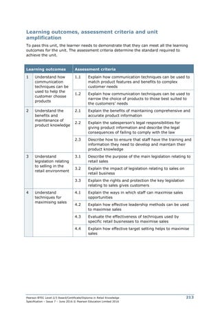 Pearson BTEC Level 2/3 Award/Certificate/Diploma in Retail Knowledge
Specification – Issue 7 – June 2016 © Pearson Education Limited 2016
213
Learning outcomes, assessment criteria and unit
amplification
To pass this unit, the learner needs to demonstrate that they can meet all the learning
outcomes for the unit. The assessment criteria determine the standard required to
achieve the unit.
Learning outcomes Assessment criteria
1 Understand how
communication
techniques can be
used to help the
customer choose
products
1.1 Explain how communication techniques can be used to
match product features and benefits to complex
customer needs
1.2 Explain how communication techniques can be used to
narrow the choice of products to those best suited to
the customers’ needs
2 Understand the
benefits and
maintenance of
product knowledge
2.1 Explain the benefits of maintaining comprehensive and
accurate product information
2.2 Explain the salesperson’s legal responsibilities for
giving product information and describe the legal
consequences of failing to comply with the law
2.3 Describe how to ensure that staff have the training and
information they need to develop and maintain their
product knowledge
3 Understand
legislation relating
to selling in the
retail environment
3.1 Describe the purpose of the main legislation relating to
retail sales
3.2 Explain the impact of legislation relating to sales on
retail business
3.3 Explain the rights and protection the key legislation
relating to sales gives customers
4 Understand
techniques for
maximising sales
4.1 Explain the ways in which staff can maximise sales
opportunities
4.2 Explain how effective leadership methods can be used
to maximise sales
4.3 Evaluate the effectiveness of techniques used by
specific retail businesses to maximise sales
4.4 Explain how effective target setting helps to maximise
sales
 