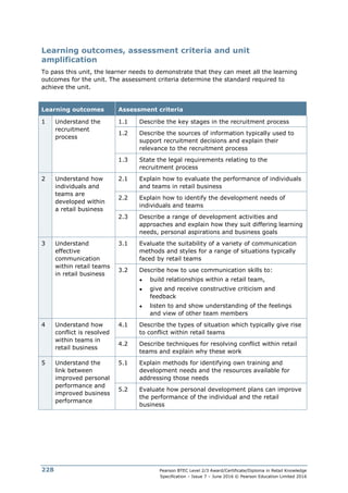 Pearson BTEC Level 2/3 Award/Certificate/Diploma in Retail Knowledge
Specification – Issue 7 – June 2016 © Pearson Education Limited 2016
228
Learning outcomes, assessment criteria and unit
amplification
To pass this unit, the learner needs to demonstrate that they can meet all the learning
outcomes for the unit. The assessment criteria determine the standard required to
achieve the unit.
Learning outcomes Assessment criteria
1 Understand the
recruitment
process
1.1 Describe the key stages in the recruitment process
1.2 Describe the sources of information typically used to
support recruitment decisions and explain their
relevance to the recruitment process
1.3 State the legal requirements relating to the
recruitment process
2 Understand how
individuals and
teams are
developed within
a retail business
2.1 Explain how to evaluate the performance of individuals
and teams in retail business
2.2 Explain how to identify the development needs of
individuals and teams
2.3 Describe a range of development activities and
approaches and explain how they suit differing learning
needs, personal aspirations and business goals
3 Understand
effective
communication
within retail teams
in retail business
3.1 Evaluate the suitability of a variety of communication
methods and styles for a range of situations typically
faced by retail teams
3.2 Describe how to use communication skills to:
● build relationships within a retail team,
● give and receive constructive criticism and
feedback
● listen to and show understanding of the feelings
and view of other team members
4 Understand how
conflict is resolved
within teams in
retail business
4.1 Describe the types of situation which typically give rise
to conflict within retail teams
4.2 Describe techniques for resolving conflict within retail
teams and explain why these work
5 Understand the
link between
improved personal
performance and
improved business
performance
5.1 Explain methods for identifying own training and
development needs and the resources available for
addressing those needs
5.2 Evaluate how personal development plans can improve
the performance of the individual and the retail
business
 