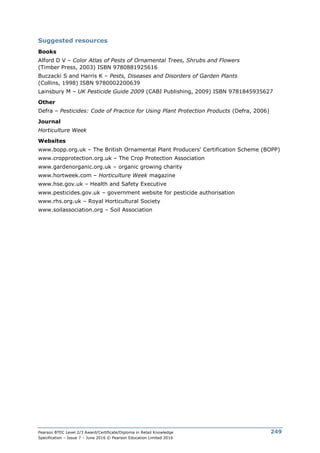 Pearson BTEC Level 2/3 Award/Certificate/Diploma in Retail Knowledge
Specification – Issue 7 – June 2016 © Pearson Education Limited 2016
249
Suggested resources
Books
Alford D V – Color Atlas of Pests of Ornamental Trees, Shrubs and Flowers
(Timber Press, 2003) ISBN 9780881925616
Buczacki S and Harris K – Pests, Diseases and Disorders of Garden Plants
(Collins, 1998) ISBN 9780002200639
Lainsbury M – UK Pesticide Guide 2009 (CABI Publishing, 2009) ISBN 9781845935627
Other
Defra – Pesticides: Code of Practice for Using Plant Protection Products (Defra, 2006)
Journal
Horticulture Week
Websites
www.bopp.org.uk – The British Ornamental Plant Producers' Certification Scheme (BOPP)
www.cropprotection.org.uk – The Crop Protection Association
www.gardenorganic.org.uk – organic growing charity
www.hortweek.com – Horticulture Week magazine
www.hse.gov.uk – Health and Safety Executive
www.pesticides.gov.uk – government website for pesticide authorisation
www.rhs.org.uk – Royal Horticultural Society
www.soilassociation.org – Soil Association
 