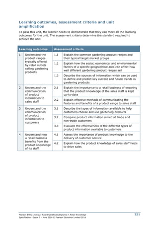 Pearson BTEC Level 2/3 Award/Certificate/Diploma in Retail Knowledge
Specification – Issue 7 – June 2016 © Pearson Education Limited 2016
251
Learning outcomes, assessment criteria and unit
amplification
To pass this unit, the learner needs to demonstrate that they can meet all the learning
outcomes for the unit. The assessment criteria determine the standard required to
achieve the unit.
Learning outcomes Assessment criteria
1 Understand the
product ranges
typically offered
by retail outlets
selling gardening
products
1.1 Explain the common gardening product ranges and
their typical target market groups
1.2 Explain how the social, economical and environmental
factors of a specific geographical area can affect how
well different gardening product ranges sell
1.3 Describe the sources of information which can be used
to define and predict key current and future trends in
gardening products
2 Understand the
communication
of product
information to
sales staff
2.1 Explain the importance to a retail business of ensuring
that the product knowledge of the sales staff is kept
up-to-date
2.2 Explain effective methods of communicating the
features and benefits of a product range to sales staff
3 Understand the
communication
of product
information to
customers
3.1 Describe the types of information available to help
customers choose and use gardening products
3.2 Compare product information aimed at trade and
non-trade customers
3.3 Evaluate the effectiveness of the different types of
product information available to customers
4 Understand how
a retail business
benefits from the
product knowledge
of its staff
4.1 Assess the importance of product knowledge to the
delivery of customer service
4.2 Explain how the product knowledge of sales staff helps
to drive sales
 