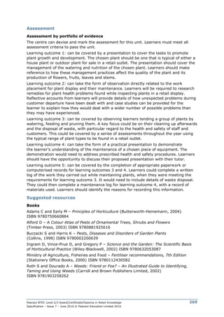 Pearson BTEC Level 2/3 Award/Certificate/Diploma in Retail Knowledge
Specification – Issue 7 – June 2016 © Pearson Education Limited 2016
269
Assessment
Assessment by portfolio of evidence
The centre can devise and mark the assessment for this unit. Learners must meet all
assessment criteria to pass the unit.
Learning outcome 1: can be covered by a presentation to cover the tasks to promote
plant growth and development. The chosen plant should be one that is typical of either a
house plant or outdoor plant for sale in a retail outlet. The presentation should cover the
management of the watering and nutrition of the chosen plant. Learners should make
reference to how these management practices affect the quality of the plant and its
production of flowers, fruits, leaves and stems.
Learning outcome 2: can take the form of observation directly related to the work
placement for plant display and their maintenance. Learners will be required to research
remedies for plant health problems found while inspecting plants in a retail display.
Reflective accounts from learners will provide details of how unexpected problems during
customer departure have been dealt with and case studies can be provided for the
learner to explain how they would deal with a wider number of possible problems than
they may have experienced.
Learning outcome 3: can be covered by observing learners tending a group of plants by
watering, feeding and pruning them. A key focus could be on their cleaning up afterwards
and the disposal of waste, with particular regard to the health and safety of staff and
customers. This could be covered by a series of assessments throughout the year using
the typical range of plant types to be found in a retail outlet.
Learning outcome 4: can take the form of a practical presentation to demonstrate
the learner’s understanding of the maintenance of a chosen piece of equipment. The
demonstration would need to address prescribed health and safety procedures. Learners
should have the opportunity to discuss their proposed presentation with their tutor.
Learning outcome 5: can be covered by the completion of appropriate paperwork or
computerised records for learning outcomes 3 and 4. Learners could complete a written
log of the work they carried out while maintaining plants, when they were meeting the
requirements for learning outcome 3. It would need to include details of waste disposal.
They could then complete a maintenance log for learning outcome 4, with a record of
materials used. Learners should identify the reasons for recording this information.
Suggested resources
Books
Adams C and Early M – Principles of Horticulture (Butterworth-Heinemann, 2004)
ISBN 9780750660884
Alford D – A Colour Atlas of Pests of Ornamental Trees, Shrubs and Flowers
(Timber Press, 2003) ISBN 9780881925616
Buczacki S and Harris K – Pests, Diseases and Disorders of Garden Plants
(Collins, 1998) ISBN 9780002200639
Ingram D, Vince-Prue D, and Gregory P – Science and the Garden: The Scientific Basis
of Horticultural Practice (Wiley-Blackwell, 2002) ISBN 9780632053087
Ministry of Agriculture, Fisheries and Food – Fertiliser recommendations, 7th Edition
(Stationery Office Books, 2000) ISBN 9780112430582
Roth S and Dourado A – Weeds: Friend or Foe? – An Illustrated Guide to Identifying,
Taming and Using Weeds (Carroll and Brown Publishers Limited, 2002)
ISBN 9781903258262
 