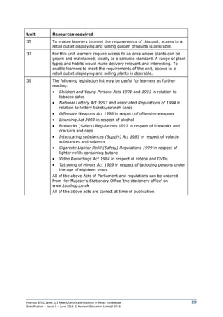 Pearson BTEC Level 2/3 Award/Certificate/Diploma in Retail Knowledge
Specification – Issue 7 – June 2016 © Pearson Education Limited 2016
29
Unit Resources required
35 To enable learners to meet the requirements of this unit, access to a
retail outlet displaying and selling garden products is desirable.
37 For this unit learners require access to an area where plants can be
grown and maintained, ideally to a saleable standard. A range of plant
types and habits would make delivery relevant and interesting. To
enable learners to meet the requirements of the unit, access to a
retail outlet displaying and selling plants is desirable.
39 The following legislation list may be useful for learners as further
reading:
 Children and Young Persons Acts 1991 and 1993 in relation to
tobacco sales
 National Lottery Act 1993 and associated Regulations of 1994 in
relation to lottery tickets/scratch cards
 Offensive Weapons Act 1996 in respect of offensive weapons
 Licensing Act 2003 in respect of alcohol
 Fireworks (Safety) Regulations 1997 in respect of fireworks and
crackers and caps
 Intoxicating substances (Supply) Act 1985 in respect of volatile
substances and solvents
 Cigarette Lighter Refill (Safety) Regulations 1999 in respect of
lighter refills containing butane
 Video Recordings Act 1984 in respect of videos and DVDs
 Tattooing of Minors Act 1969 in respect of tattooing persons under
the age of eighteen years
All of the above Acts of Parliament and regulations can be ordered
from Her Majesty’s Stationery Office ‘the stationery office’ on
www.tsoshop.co.uk
All of the above acts are correct at time of publication.
 