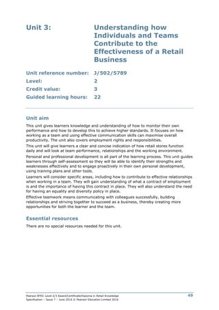 Pearson BTEC Level 2/3 Award/Certificate/Diploma in Retail Knowledge
Specification – Issue 7 – June 2016 © Pearson Education Limited 2016
49
Unit 3: Understanding how
Individuals and Teams
Contribute to the
Effectiveness of a Retail
Business
Unit reference number: J/502/5789
Level: 2
Credit value: 3
Guided learning hours: 22
Unit aim
This unit gives learners knowledge and understanding of how to monitor their own
performance and how to develop this to achieve higher standards. It focuses on how
working as a team and using effective communication skills can maximise overall
productivity. The unit also covers employment rights and responsibilities.
This unit will give learners a clear and concise indication of how retail stores function
daily and will look at team performance, relationships and the working environment.
Personal and professional development is all part of the learning process. This unit guides
learners through self-assessment so they will be able to identify their strengths and
weaknesses effectively and to engage proactively in their own personal development,
using training plans and other tools.
Learners will consider specific areas, including how to contribute to effective relationships
when working in a team. They will gain understanding of what a contract of employment
is and the importance of having this contract in place. They will also understand the need
for having an equality and diversity policy in place.
Effective teamwork means communicating with colleagues successfully, building
relationships and striving together to succeed as a business, thereby creating more
opportunities for both the learner and the team.
Essential resources
There are no special resources needed for this unit.
 