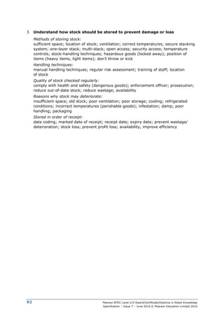Pearson BTEC Level 2/3 Award/Certificate/Diploma in Retail Knowledge
Specification – Issue 7 – June 2016 © Pearson Education Limited 2016
82
3 Understand how stock should be stored to prevent damage or loss
Methods of storing stock:
sufficient space; location of stock; ventilation; correct temperatures; secure stacking
system; one-layer stack; multi-stack; open access; security access; temperature
controls; stock-handling techniques; hazardous goods (locked away); position of
items (heavy items, light items); don’t throw or kick
Handling techniques:
manual handling techniques; regular risk assessment; training of staff; location
of stock
Quality of stock checked regularly:
comply with health and safety (dangerous goods); enforcement officer; prosecution;
reduce out-of-date stock; reduce wastage; availability
Reasons why stock may deteriorate:
insufficient space; old stock; poor ventilation; poor storage; cooling; refrigerated
conditions; incorrect temperatures (perishable goods); infestation; damp; poor
handling; packaging
Stored in order of receipt:
date coding; marked date of receipt; receipt date; expiry date; prevent wastage/
deterioration; stock loss; prevent profit loss; availability, improve efficiency
 