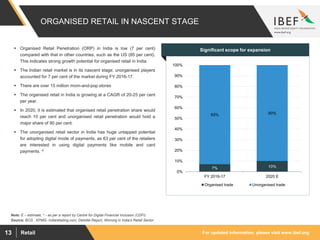 For updated information, please visit www.ibef.orgRetail13
ORGANISED RETAIL IN NASCENT STAGE
Source: BCG , KPMG- indiaretailing.com, Deloitte Report, Winning in India’s Retail Sector
7% 10%
93% 90%
0%
10%
20%
30%
40%
50%
60%
70%
80%
90%
100%
FY 2016-17 2020 E
Organised trade Unorganised trade
Significant scope for expansion
Note: E – estimate, ^ - as per a report by Centre for Digital Financial Inclusion (CDFI).
 Organised Retail Penetration (ORP) in India is low (7 per cent)
compared with that in other countries, such as the US (85 per cent).
This indicates strong growth potential for organised retail in India.
 The Indian retail market is in its nascent stage; unorganised players
accounted for 7 per cent of the market during FY 2016-17.
 There are over 15 million mom-and-pop stores
 The organised retail in India is growing at a CAGR of 20-25 per cent
per year.
 In 2020, it is estimated that organised retail penetration share would
reach 10 per cent and unorganised retail penetration would hold a
major share of 90 per cent.
 The unorganised retail sector in India has huge untapped potential
for adopting digital mode of payments, as 63 per cent of the retailers
are interested in using digital payments like mobile and card
payments. ^
 
