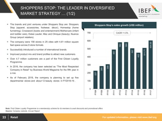 For updated information, please visit www.ibef.orgRetail33
SHOPPERS STOP: THE LEADER IN DIVERSIFIED
MARKET STRATEGY … (1/2)
Note: First Citizen Loyalty Programme is a membership scheme for its members to avail discounts and promotional offers
Source: Company website, Annual Report
 The brands and joint ventures under Shoppers Stop are: Shoppers
Stop (apparel, accessories, footwear, décor), Homestop (home
furnishing), Crossword (books and entertainment) Mothercare (infant
and toddler care), Estee Lauder, Mac and Clinique (beauty), Nuance
Group (airport retailers).
 The company owns 156 stores in 25 cities with 4.81 million square
feet space across 8 store formats
 Successfully introduced a number of international brands
 Improved product mix and brand profiles to attract new customers
 Over 4.7 million customers are a part of the First Citizen Loyalty
Programme
 In 2016, the company has been selected as “The Most Respected
Company in Retail” by Business World Magazine for the fifth year in
a row.
 As of February 2018, the company is planning to set up five
departmental stores and about 12 beauty stores in FY2018-19 .
Shoppers Stop’s sales growth (US$ million)
227
285
308
491
582
584
507
452
511.71
604.85
0
100
200
300
400
500
600
700
FY08
FY09
FY10
FY11
FY12
FY13
FY14
FY15
FY16
FY17
CAGR 11.5%
 