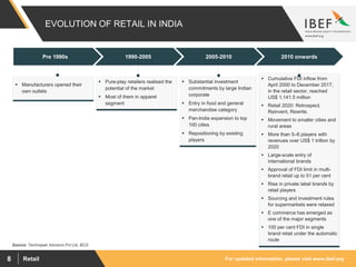 For updated information, please visit www.ibef.orgRetail8
EVOLUTION OF RETAIL IN INDIA
Source: Technopak Advisors Pvt Ltd, BCG
Pre 1990s 1990-2005 2005-2010 2010 onwards
 Manufacturers opened their
own outlets
 Pure-play retailers realised the
potential of the market
 Most of them in apparel
segment
 Substantial investment
commitments by large Indian
corporate
 Entry in food and general
merchandise category
 Pan-India expansion to top
100 cities
 Repositioning by existing
players
 Cumulative FDI inflow from
April 2000 to December 2017,
in the retail sector, reached
US$ 1,141.5 million
 Retail 2020: Retrospect,
Reinvent, Rewrite.
 Movement to smaller cities and
rural areas
 More than 5–6 players with
revenues over US$ 1 trillion by
2020
 Large-scale entry of
international brands
 Approval of FDI limit in multi-
brand retail up to 51 per cent
 Rise in private label brands by
retail players
 Sourcing and investment rules
for supermarkets were relaxed
 E commerce has emerged as
one of the major segments
 100 per cent FDI in single
brand retail under the automatic
route
 