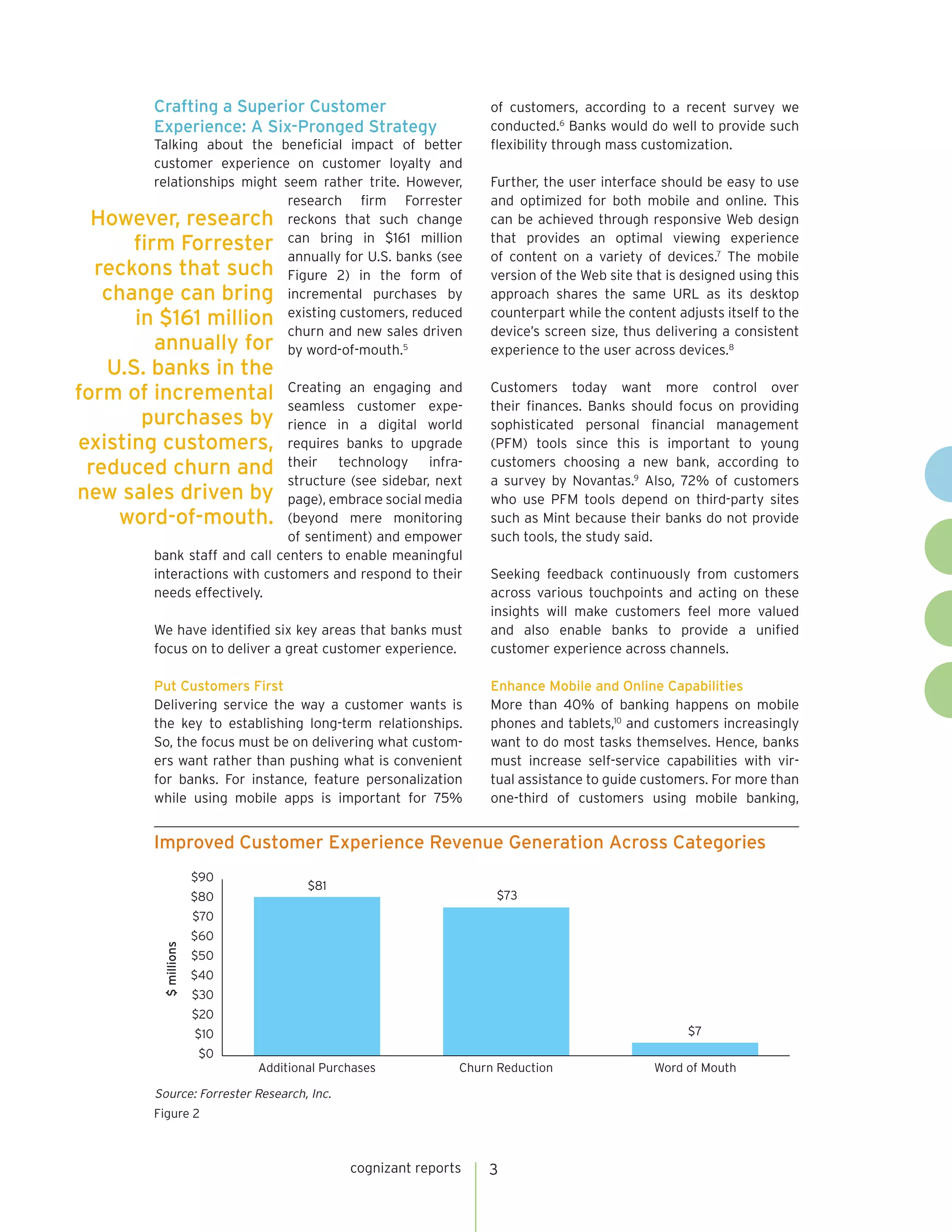 cognizant reports 3 
However, research 
firm Forrester 
reckons that such 
change can bring 
in $161 million 
annually for 
U.S. banks in the 
form of incremental 
purchases by 
existing customers, 
reduced churn and 
new sales driven by 
word-of-mouth. 
Crafting a Superior Customer 
Experience: A Six-Pronged Strategy 
of customers, according to a recent survey we 
conducted.6 Banks would do well to provide such 
flexibility through mass customization. 
Further, the user interface should be easy to use 
and optimized for both mobile and online. This 
can be achieved through responsive Web design 
that provides an optimal viewing experience 
of content on a variety of devices.7 The mobile 
version of the Web site that is designed using this 
approach shares the same URL as its desktop 
counterpart while the content adjusts itself to the 
device’s screen size, thus delivering a consistent 
experience to the user across devices.8 
Customers today want more control over 
their finances. Banks should focus on providing 
sophisticated personal financial management 
(PFM) tools since this is important to young 
customers choosing a new bank, according to 
a survey by Novantas.9 Also, 72% of customers 
who use PFM tools depend on third-party sites 
such as Mint because their banks do not provide 
such tools, the study said. 
Seeking feedback continuously from customers 
across various touchpoints and acting on these 
insights will make customers feel more valued 
and also enable banks to provide a unified 
customer experience across channels. 
Enhance Mobile and Online Capabilities 
More than 40% of banking happens on mobile 
phones and tablets,10 and customers increasingly 
want to do most tasks themselves. Hence, banks 
must increase self-service capabilities with vir-tual 
assistance to guide customers. For more than 
one-third of customers using mobile banking, 
Talking about the beneficial impact of better 
customer experience on customer loyalty and 
relationships might seem rather trite. However, 
research firm Forrester 
reckons that such change 
can bring in $161 million 
annually for U.S. banks (see 
Figure 2) in the form of 
incremental purchases by 
existing customers, reduced 
churn and new sales driven 
by word-of-mouth.5 
Creating an engaging and 
seamless customer expe-rience 
in a digital world 
requires banks to upgrade 
their technology infra-structure 
(see sidebar, next 
page), embrace social media 
(beyond mere monitoring 
of sentiment) and empower 
bank staff and call centers to enable meaningful 
interactions with customers and respond to their 
needs effectively. 
We have identified six key areas that banks must 
focus on to deliver a great customer experience. 
Put Customers First 
Delivering service the way a customer wants is 
the key to establishing long-term relationships. 
So, the focus must be on delivering what custom-ers 
want rather than pushing what is convenient 
for banks. For instance, feature personalization 
while using mobile apps is important for 75% 
Improved Customer Experience Revenue Generation Across Categories 
$0 
$10 
$20 
$30 
$40 
$50 
$60 
$70 
$80 
$90 
$81 
$73 
$7 
Additional Purchases Churn Reduction Word of Mouth $ millions 
Figure 2 
Source: Forrester Research, Inc. 
 