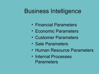 Business Intelligence Financial Parameters Economic Parameters Customer Parameters Sale Parameters Human Resource Parameters Internal Processes Parameters 