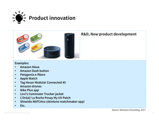 Product innovation
4
R&D, New product development
Examples:
• Amazon Alexa
• Amazon Dash button
• Patagonia e-fibers
• App...