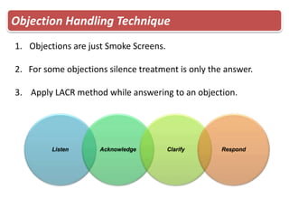 Objection Handling Technique
Listen Acknowledge Clarify Respond
1. Objections are just Smoke Screens.
2. For some objections silence treatment is only the answer.
3. Apply LACR method while answering to an objection.
 