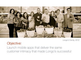 Objective:
Launch mobile apps that deliver the same  
customer intimacy that made Longo’s successful
Longo’s Family, 2012
 
