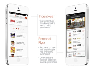 Incentives
• Earn incentives
for downloading
app / rating
purchases
Personal
Flyer
• Products on sale
that the shopper
has previously
purchased
• Other relevant
specials based on
buying preferences
 