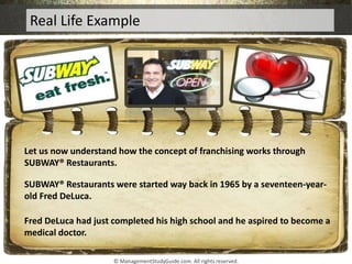Real Life Example
Let us now understand how the concept of franchising works through
SUBWAY® Restaurants.
SUBWAY® Restaura...