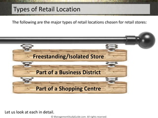 Types of Retail Location
Part of a Shopping Centre
Part of a Business District
Freestanding/Isolated Store
The following a...