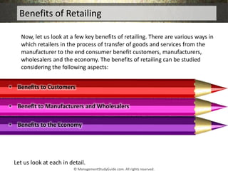 Benefits of Retailing
• Benefit to Manufacturers and Wholesalers
• Benefits to Customers
• Benefits to the Economy
Now, le...
