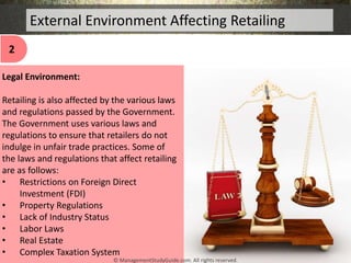 External Environment Affecting Retailing
Legal Environment:
Retailing is also affected by the various laws
and regulations...