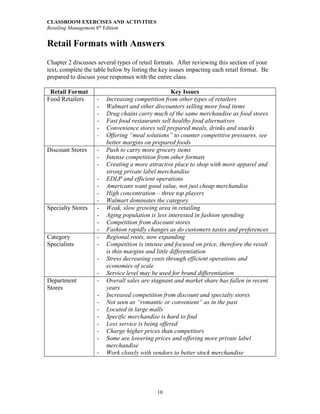 CLASSROOM EXERCISES AND ACTIVITIES
Retailing Management 8th
Edition
10
Retail Formats with Answers
Chapter 2 discusses several types of retail formats. After reviewing this section of your
text, complete the table below by listing the key issues impacting each retail format. Be
prepared to discuss your responses with the entire class.
Retail Format Key Issues
Food Retailers - Increasing competition from other types of retailers
- Walmart and other discounters selling more food items
- Drug chains carry much of the same merchandise as food stores
- Fast food restaurants sell healthy food alternatives
- Convenience stores sell prepared meals, drinks and snacks
- Offering “meal solutions” to counter competitive pressures, see
better margins on prepared foods
Discount Stores - Push to carry more grocery items
- Intense competition from other formats
- Creating a more attractive place to shop with more apparel and
strong private label merchandise
- EDLP and efficient operations
- Americans want good value, not just cheap merchandise
- High concentration – three top players
- Walmart dominates the category
Specialty Stores - Weak, slow growing area in retailing
- Aging population is less interested in fashion spending
- Competition from discount stores
- Fashion rapidly changes as do customers tastes and preferences
Category
Specialists
- Regional roots, now expanding
- Competition is intense and focused on price, therefore the result
is thin margins and little differentiation
- Stress decreasing costs through efficient operations and
economies of scale
- Service level may be used for brand differentiation
Department
Stores
- Overall sales are stagnant and market share has fallen in recent
years
- Increased competition from discount and specialty stores
- Not seen as “romantic or convenient” as in the past
- Located in large malls
- Specific merchandise is hard to find
- Less service is being offered
- Charge higher prices than competitors
- Some are lowering prices and offering more private label
merchandise
- Work closely with vendors to better stock merchandise
 