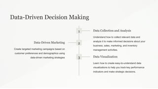 Data-Driven Decision Making
1 Data Collection and Analysis
Understand how to collect relevant data and
analyze it to make informed decisions about your
business, sales, marketing, and inventory
management activities.
2
Data-Driven Marketing
Create targeted marketing campaigns based on
customer preferences and demographics using
data-driven marketing strategies 3 Data Visualization
Learn how to create easy-to-understand data
visualizations to help you track key performance
indicators and make strategic decisions.
 